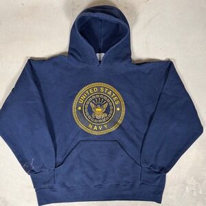 Vintage MJ Soffe US Navy Hoodie Mens Large Blue Reflective Graphic Pullover USA